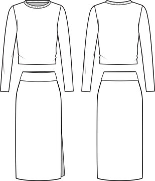 Women's Knit Jumper and Skirt Set. Set technical fashion illustration. Flat apparel set template front and back, white colour. Women's CAD mock-up.