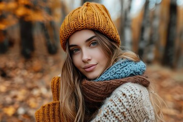 Model in a cozy autumn fashion Forest backdrop