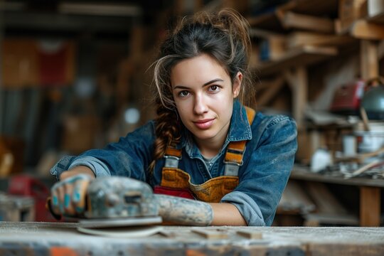 Young woman is training to be a carpenter in workshop. Warm toned portrait of Latin American female carpenter building handmade furniture piece in workshop, copy space