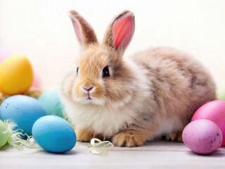 Fototapeta na wymiar Fluffy little bunny and colorful Easter eggs