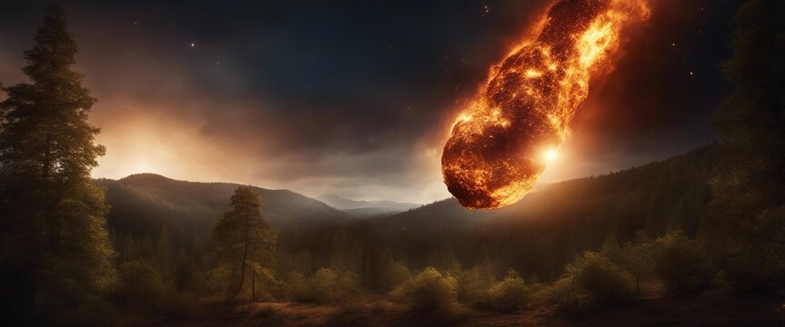 Burning meteorite or asteroid rapidly crossing the dark sky, with a trail of fire, forest landscape.