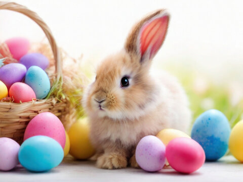 Fluffy little bunny and colorful Easter eggs