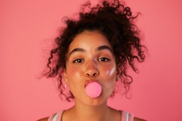 Close-up studio portrait of a woman with a playful pout, isolated on a bubblegum pink background
