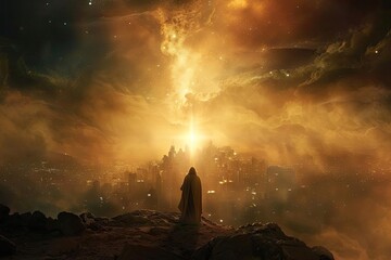 Jesus casting a divine light over a darkened city Symbolizing hope