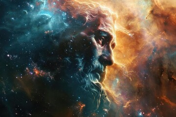 Jesus' face emerging from a cosmic nebula