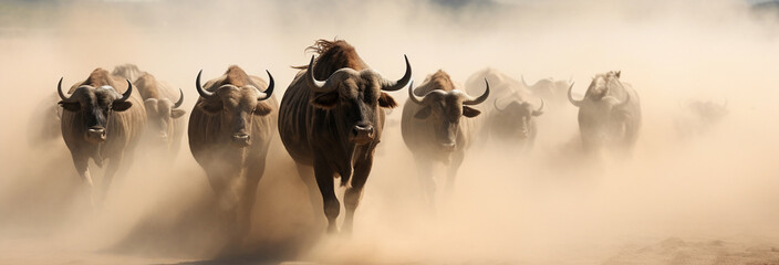 A herd of bulls runs through the desert