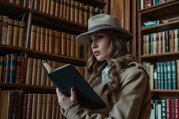 Model in a vintage detective outfit investigating an old library