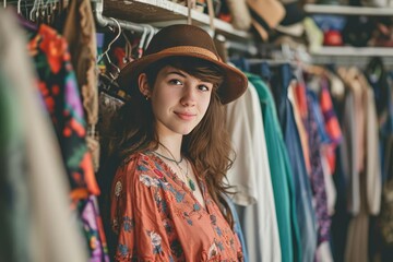 Vintage clothing collector in a thrift shop Exploring the world of secondhand fashion - obrazy, fototapety, plakaty