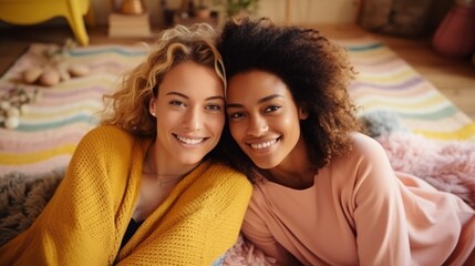 Two young multiethnic female friends smiling at the camera