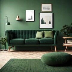 Green sofa and chair against green wall with book shelf. Scandinavian home interior design of modern living room with greenery.