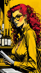 Fototapeta premium Charming girl reads a book, yellow and magenta and black 