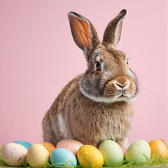 Fototapeta na wymiar Easter Bunny with Easter eggs, Generative ai