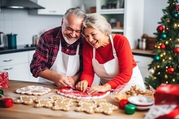 Happy elderly Asian couple cooks delicious gingerbread men for Christmas holiday at home