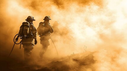 911. Firefighters at work against the backdrop of a raging flame. Through smoke and ashes, these firefighters bring hope and safety.
