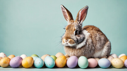 Fototapeta na wymiar Easter Bunny with Easter eggs, copy space, Generative ai