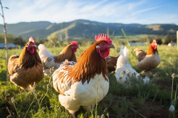 Fototapeta premium A flock of chickens roam freely in a lush green field, summer, mountains, nature