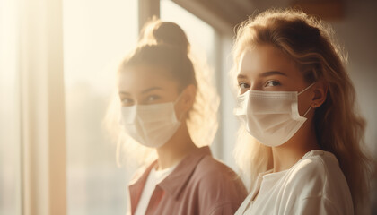 Two students wearing face masks in a classroom