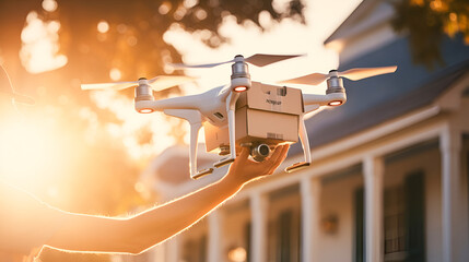 A drone is carefully handed a cardboard box against the radiant backdrop of a sunset, symbolizing the personal touch in modern automated delivery services.