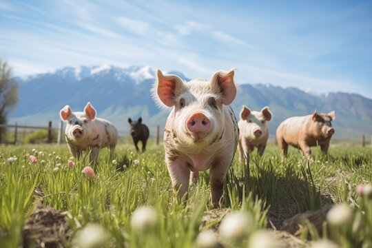 Pig farm. pigs in field. Healthy pig on meadow nature, forest, summer, mountains, lawn sun