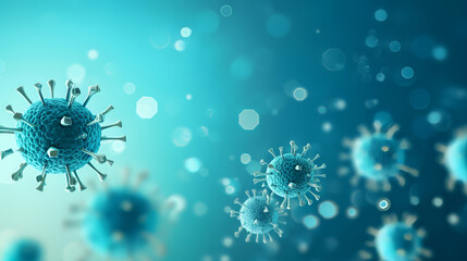 Obraz premium A 3D digital illustration of spherical viruses with surface spikes on a teal background, providing ample copy space for text