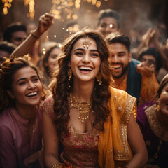 Obraz premium Young adults in vibrant traditional attire with cheerful smiles. Generative AI
