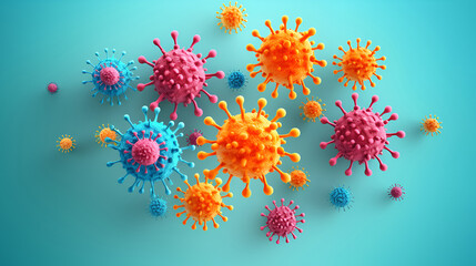 Medical background multi-colored various Viruses on a blue background. Viruses medical background