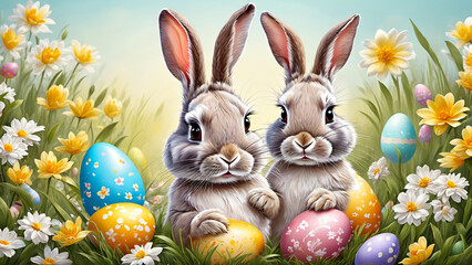 two Easter Bunnies with Easter eggs in a flower field, Generative ai