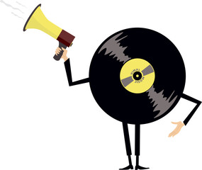Cartoon long playing record holding megaphone. 
Retro record player. Cartoon long playing record makes announcement to megaphone. Isolated on white background 
