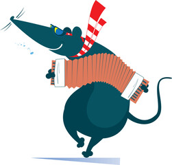 Cute rat or mouse playing accordion and singing. 
Cartoon rat or mouse performing music on the accordion with inspiration. Isolated on white background
