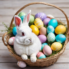 Easter Bunny sits in a basket with Easter eggs, Generative ai