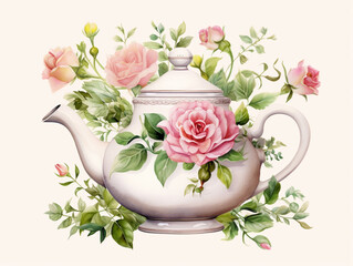Watercolor illustration of teapot with roses flowers on white background