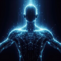 Futuristic Cyberpunk: Holographic Virtual Human in Tech City, Neon Lights, and Dystopian Urban Surrealism