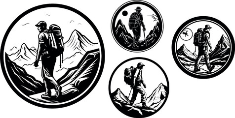 hiking, vintage logo line art concept. great set collection clip art hiker silhouettes , Black vector illustration on white background V1