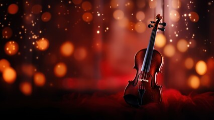Enigmatic Violin on Stage: A Symphony of Lights and Shadows, Horizontal Poster or Sign with Open Empty Copy Space for Text 
