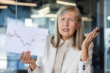 Confused businesswoman analyzing volatile market chart in office. Concept of financial analysis,...