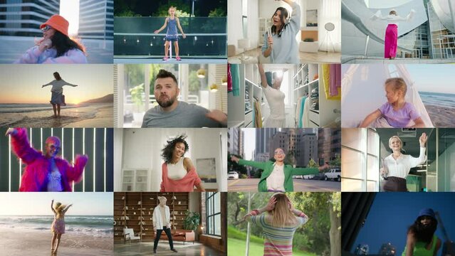 Set collage of happy multiethnic diverse people. Funny people having fun, dancing, going crazy. Group different ages men women kids fooling around gesticulating with hands.Excited people enjoying life