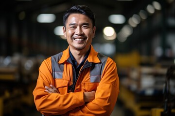Naklejka premium Portrait of a smiling Asian man in an orange jumpsuit