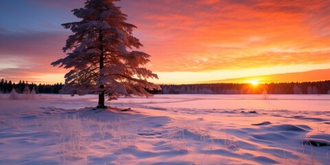 The cold air adds a crispness to the scene, making the winter sunset a breathtaking display of natural beauty.  - obrazy, fototapety, plakaty