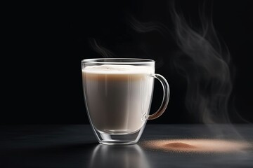 Cup of creamy coffee on dark background.
