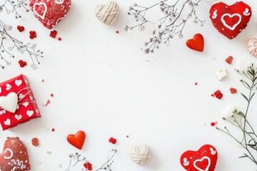 Valentine's Day background with red hearts, flowers and gift box on white. AI generated