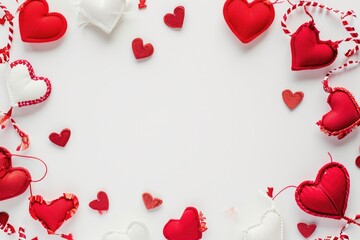 Valentine's day background with red hearts and ribbons on white background. AI generated