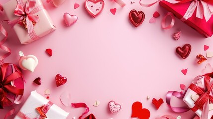 Valentine's Day background with gift boxes and hearts on pink background. AI generated