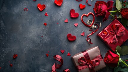 Valentines day background with red roses, gift box and hearts. Top view with copy space. AI generated