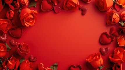 Valentine's Day background with red roses and hearts. AI generated