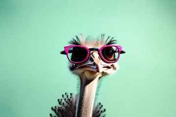 Fotobehang ostrich bird in sunglass shade glasses isolated on solid pastel background © Naila