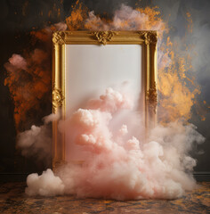 Vintage old-fashioned renaissance gold rectangular frame, elegantly decorated, full of details, sand beige explosion of smoke, color, abstract lights, glitter and dust. Romantic pastel background.