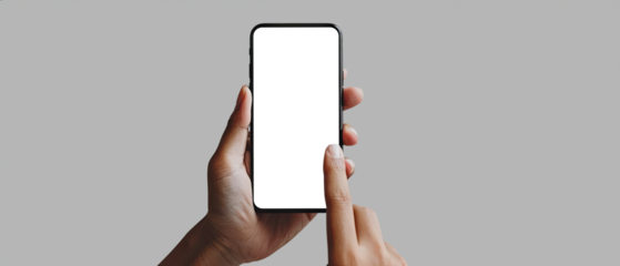 Hand holding a smartphone. Transparent mobile screen mockup. Close-up of a man hand holding a smartphone white screen is blank the background is blurred.Mockup. Generative ai