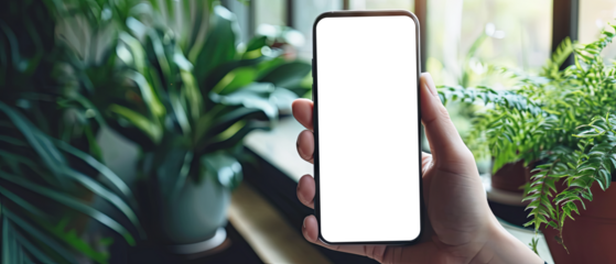 Hand holding a smartphone. Transparent mobile screen mockup. Close-up of a man hand holding a smartphone white screen is blank the background is blurred.Mockup. Generative ai