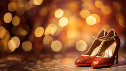 Glittering Ruby Red High Heel Shoes with Bokeh Background, Horizontal Poster with Open Empty Copy Space for Text
