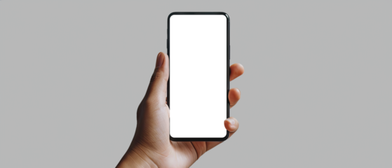 Hand holding a smartphone. Transparent mobile screen mockup. Close-up of a man hand holding a smartphone white screen is blank the background is blurred.Mockup. Generative ai